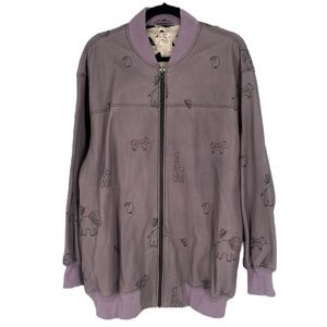 Free People Purple Oversized Leather Animal Print Embroidered Bomber Jacket S